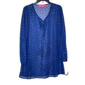 Macbeth Collection Women's Cover Up Sheer Tassel Pullover Swim Cover Blue Medium